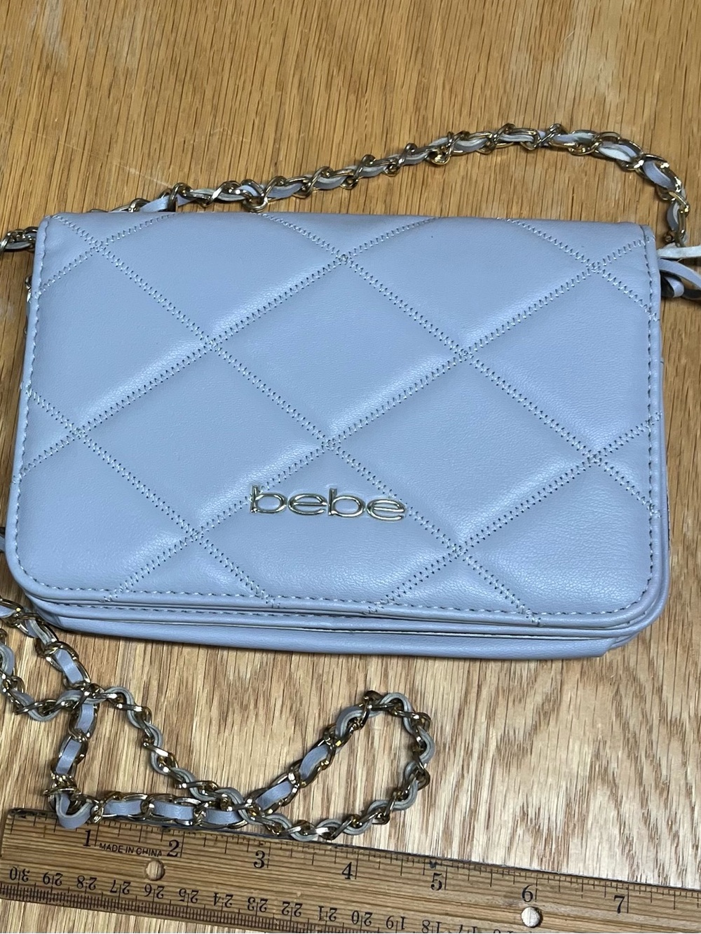 Bebe Ice Blue Quilted Leather Crossbody Flap Bag Silver Chain Logo 8"